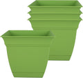 The HC Companies 8 Inch Eclipse Square Planter Pots w/Drainage Holes & Attached Saucer, Lightweight UV-Resistant Plastic Indoor Outdoor Planters, 4-Pack Flower Pots, Garden Home Decor, Peridot Green
