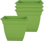 The HC Companies 8 Inch Eclipse Square Planter Pots w/Drainage Holes & Attached Saucer, Lightweight UV-Resistant Plastic Indoor Outdoor Planters, 4-Pack Flower Pots, Garden Home Decor, Peridot Green