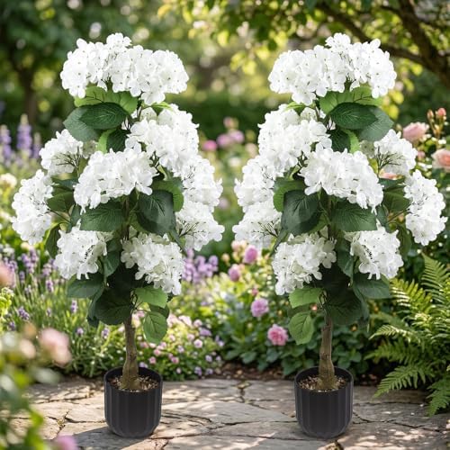 3 ft artificial hydrangea trees faux potted topiary, side view