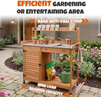 outdoor potting bench with metal top, sliding drawer, front angle view