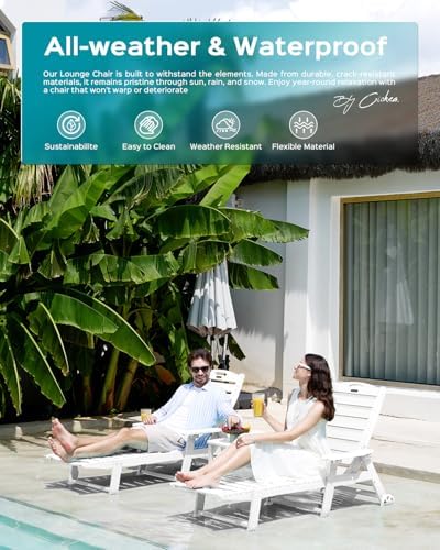 Lounge Chair Outdoor Set of 4, Oversized Chaise Lounge Chair with 5 Positions, HDPE, Patio Lounge Chairs with Wheels & Cup Holder for Lawn, Pool, Deck, Poolside, White