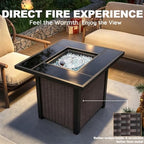outdoor wicker patio furniture set with 28‘ fire shown in use