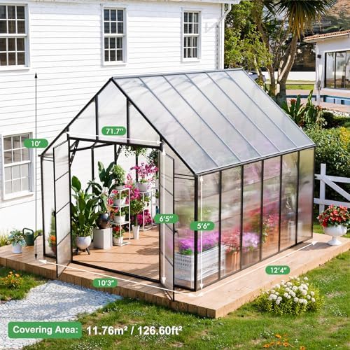 cdcasa 12x10x10 ft polycarbonate greenhouse for outdoors w/2, front angle view