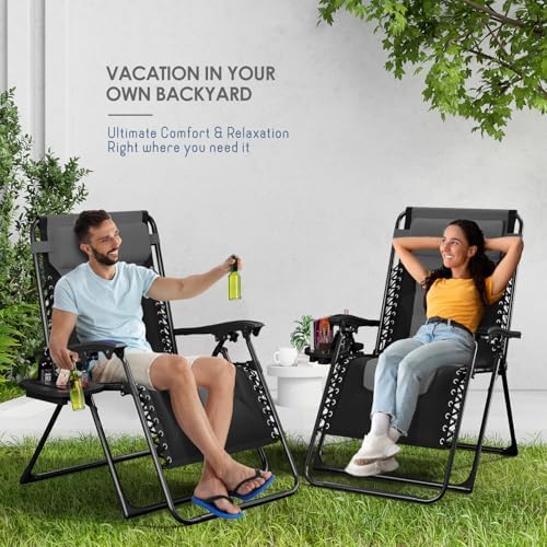 Nestl Padded Oversized Zero Gravity Chair, XL Folding Outdoor Lounge Chair | Adjustable Headrest, Cup Holder & Side Tray, Support 330 LBS, Anti Gravity Reclining, For Patio, Camping & Beach, Black/Grey