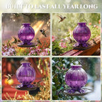 Glass Hummingbird Feeder for Outdoors Hanging, 26 fl oz Bird Nectar Feeder | 5 Metal Flower Feeding Ports, 360° Perch Ring, Easy Refill Clean, Leakproof, Ideal for Backyard Garden Outdoor Decor, Purple
