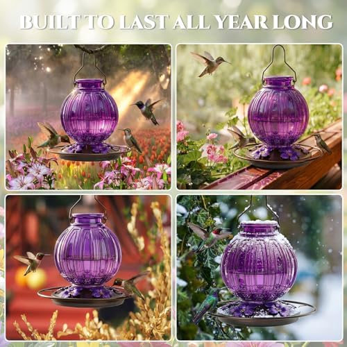 Glass Hummingbird Feeder for Outdoors Hanging, 26 fl oz Bird Nectar Feeder | 5 Metal Flower Feeding Ports, 360° Perch Ring, Easy Refill Clean, Leakproof, Ideal for Backyard Garden Outdoor Decor, Purple