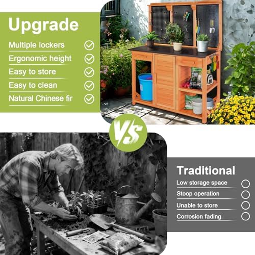 agitree outdoor garden potting bench, horticultural wooden workstation, close-up detail