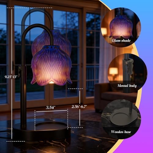 Flower Candle Warmer Lamp, Timer & 4-Level Dimmer, Adjustable Height | Flameless Electric Wax Warmer for Jar Candles, Includes 2 Bulbs, Wooden Base,Blue, Gift for Mom & Women, Housewarming