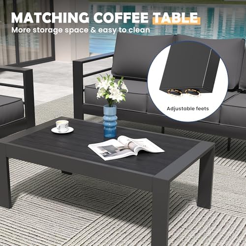 amopatio aluminum patio furniture set with 5'' thick showing dimensions