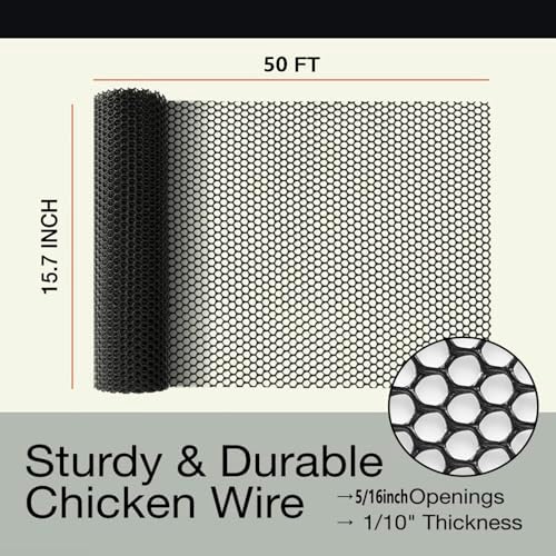 pet proof barrier net, black plastic chicken wire shown in use