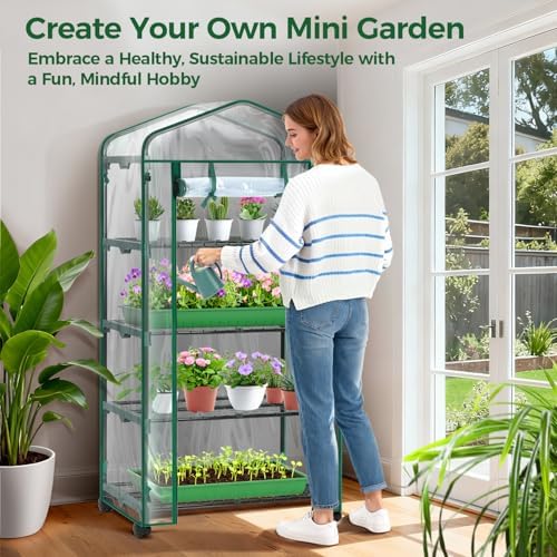 ohuhu mini greenhouse for indoor outdoor with wheel, front angle view