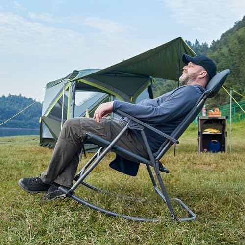 Timber Ridge Oversized Folding Rocking Camping Chair, Padded Outdoor Rocker with High Back, Portable Outdoor Chair for Patio, Garden, Lawn, Supports up to 400 lbs, Blue | Foldable Padded Outdoor Rocker with High Back, Portable Outdoor Chair for Patio