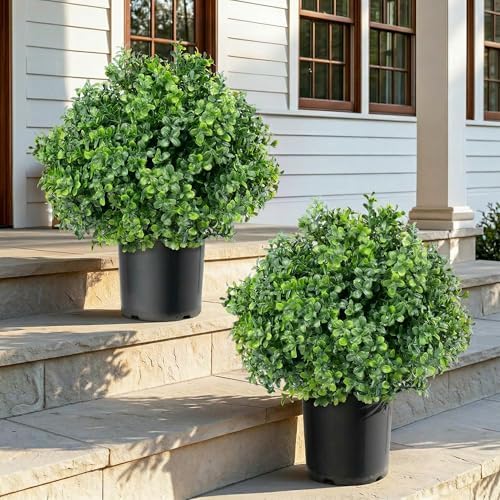 enven set of 2 artificial boxwood topiary trees shown in use