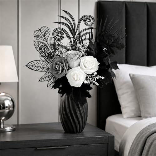 fake flowers for vase, black, white & silver, front angle view