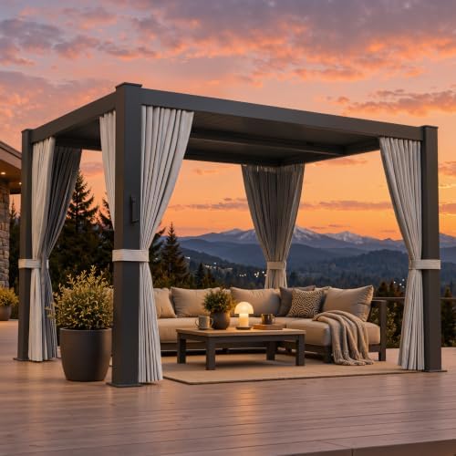 aoxun louvered pergola 10x12 all-aluminum, waterproof curtains and shown in use