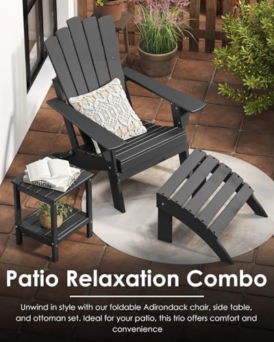 GREENVINES Folding-Adirondack-Chairs-Set-of-2 | HDPE Plastic | Throne Series | Fire Pit Chair | All Weather | for Outdoor Patio Deck Backyard Poolside | Black