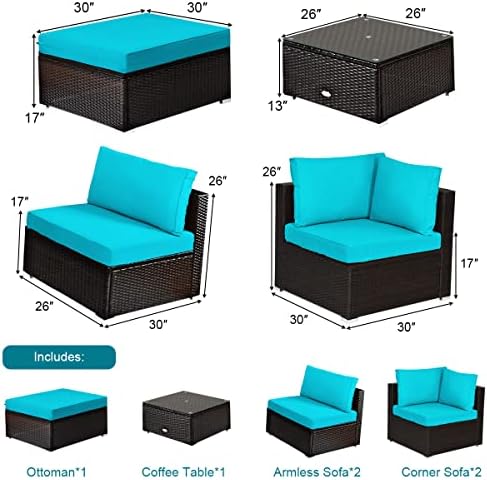 tangkula 6 piece patio furniture set, outdoor deck showing dimensions