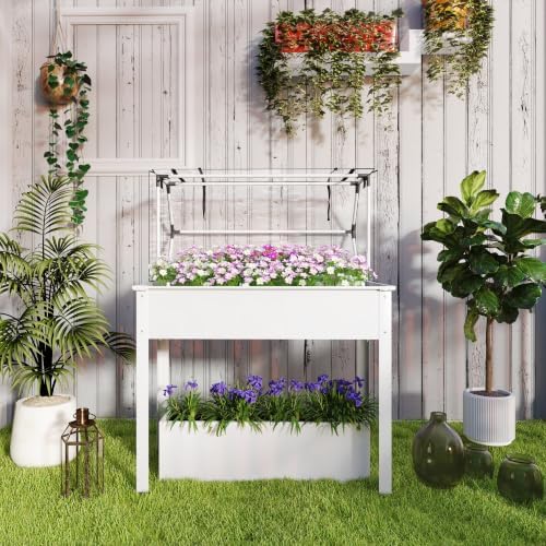 outsunny raised garden bed with flip-up cover, 39.4"x18.9"x48.8", front angle view