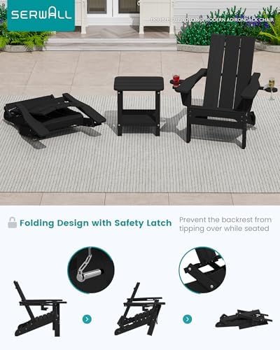 SERWALL Modern Folding Adirondack Chairs Set of 2, HDPE, Cup Holders, Black | Outdoor All-Weather Lawn Adirondack Chairs Wood Grain Lawn Chair Fire Pit Chairs for Patio, Deck