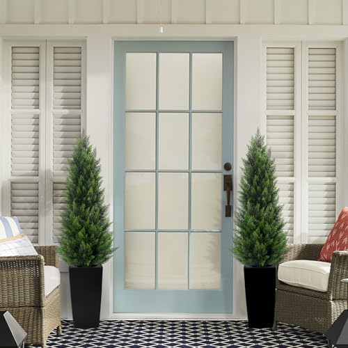 5ft tall 2 pack artificial cedar topiary trees, side view