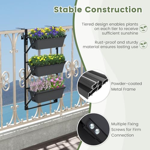 giantex 3-tier vertical railing planter, adjustable hanging planter, front angle view