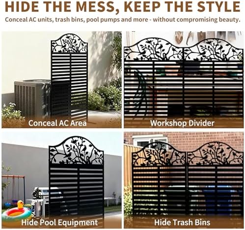 metal outdoor privacy screen freestanding decorative fence, black showing dimensions