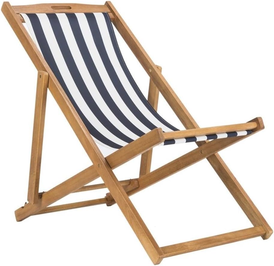 SAFAVIEH Outdoor - Loren Folding Sling Chair Set of 2 - Natural & Navy Stripe - Solid Wood Frame - Portable Bistro Design - Ideal for Patio, Poolside, Backyard, 24" W x 43" D x 25" H (PAT7040A-SET2)