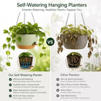 12 inch self‑watering hanging planters plant pots, green‑brown on a desk or shelf