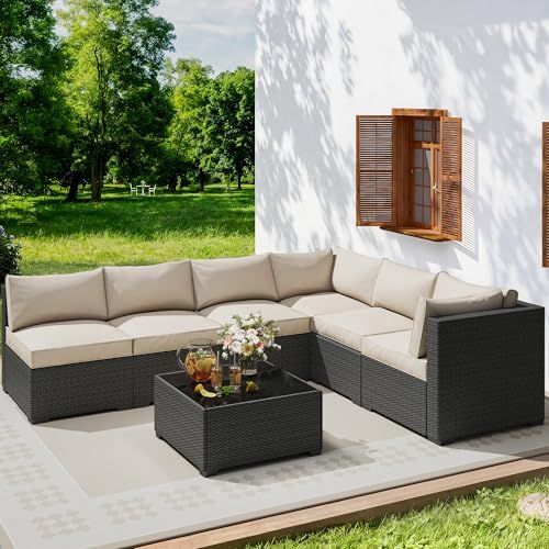 7 piece outdoor patio sectional furniture set, modular shown in use