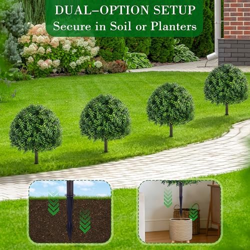 28 inch artificial boxwood trees, 2 sets faux shown in use