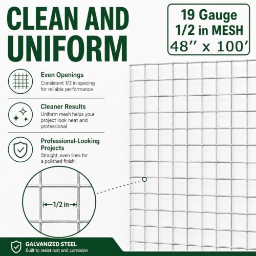 Trenk Hardware Cloth 1/2 Inch Chicken Wire Fencing 48" x 100' 19 Gauge | Heavy-Duty Galvanized Chicken Wire Mesh Roll for Garden Fencing, Gopher Wire, and Long-Lasting Wire Fencing Use