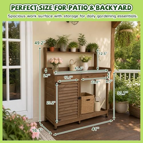 ketive outdoor potting bench with storage, 41-inch metal showing dimensions