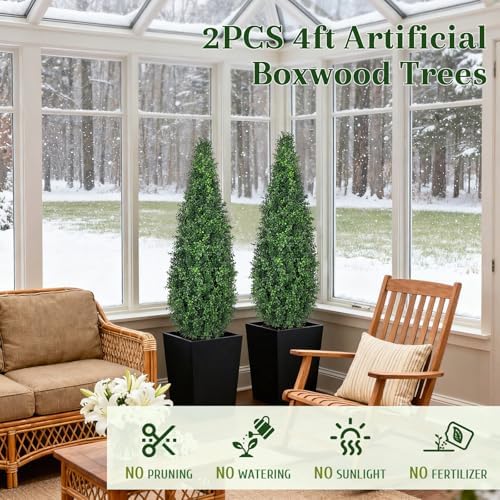 artificial boxwood topiary trees with black pots, 48" shown in use