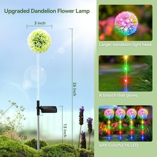 solar garden lights outdoor waterproof dandelion flower yard showing dimensions