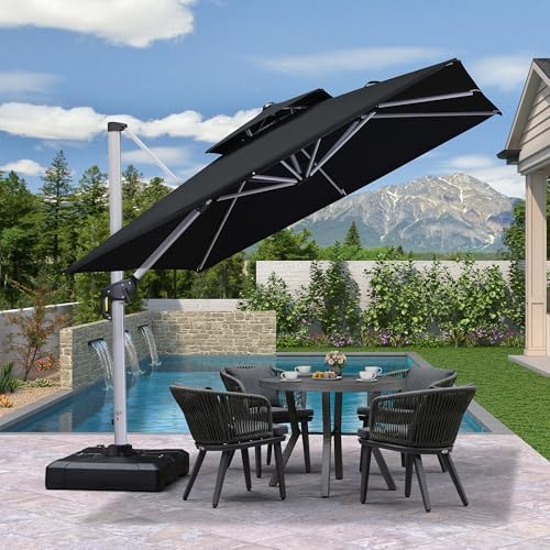 purple leaf cantilever outdoor umbrella 9' x 9' shown in use