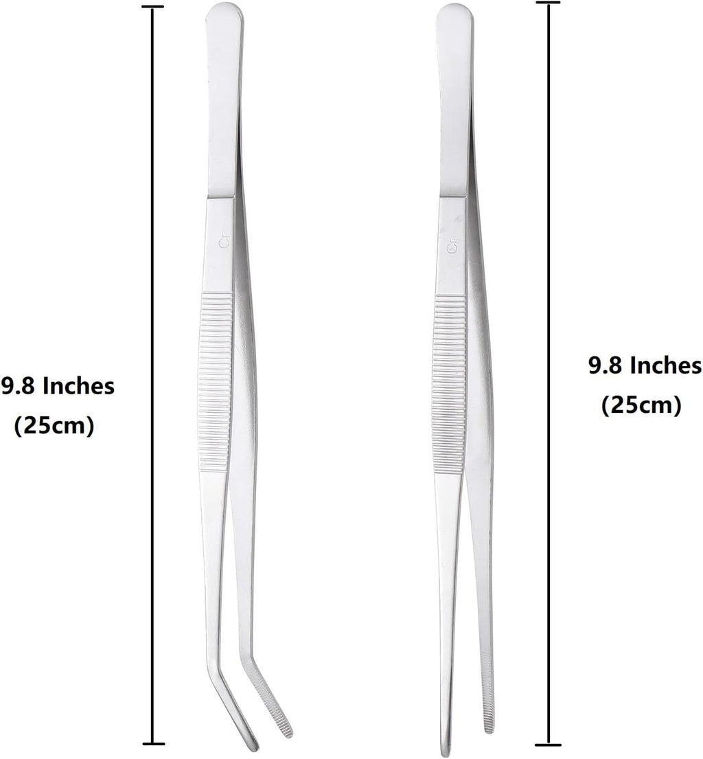 Miupoo Long Handle Stainless Steel Paint Straight and Curved Tweezers Nippers,Extra Long Precision Craft Tweezers Set with Serrated Tips,Silver,2 pieces,9.8Inches