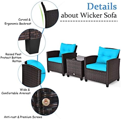 tangkula 3 pieces patio furniture set, pe rattan showing dimensions
