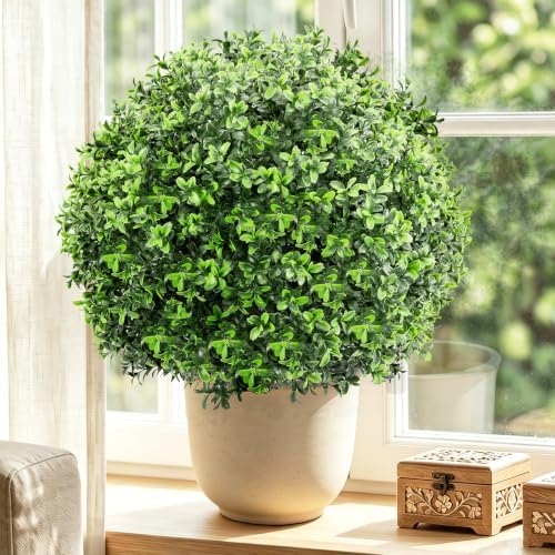 23.7" artificial boxwood topiary ball trees showing dimensions