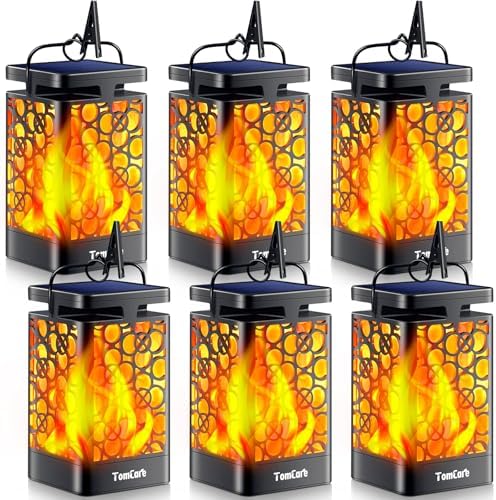 TomCare Solar Lanterns Outdoor, Flickering Flame Hanging Lights, 6 Pack | Realistic Flame Effect, Charges in 6-8 Hours, 10-12-Hour Runtime, IP65 Waterproof, Auto On/Off for Patio, Garden and Porch