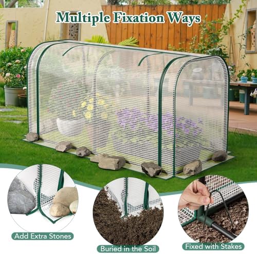 raised garden bed with greenhouse, waterproof sun-protective green showing dimensions