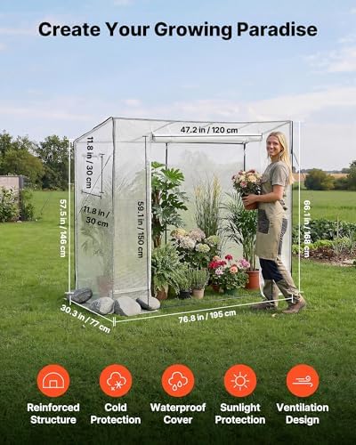 vevor walk-in greenhouse, 76.8" x 30.3" x 66.1" shown in use