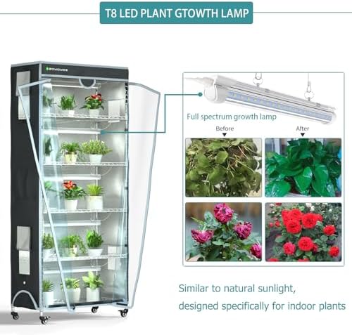 indoor greenhouse with grow lights & cover, 29.8"x13.9"x71.8" shown in use