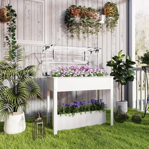 outsunny raised garden bed with flip-up cover, 39.4"x18.9"x48.8" shown in use