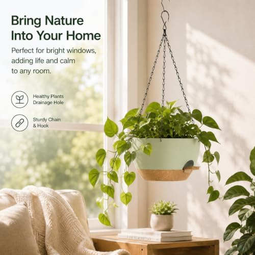 12 inch self‑watering hanging planters plant pots, green‑brown, package contents