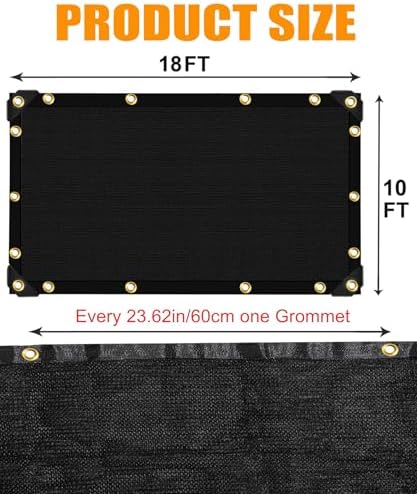 90%-95% black sun shade cloth 10ft x 18ft showing dimensions