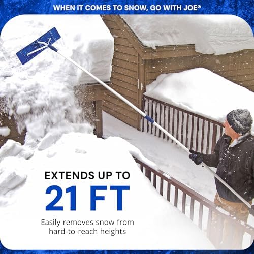 snow joe telescoping roof rake, extendable leaf & showing dimensions