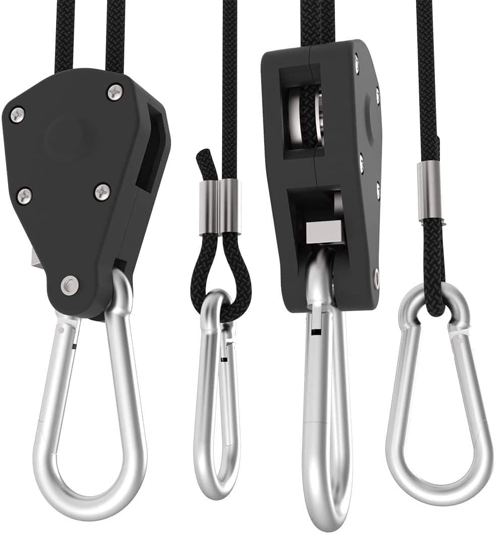1/8Inch Heavy Duty Adjustable Rope Clip Hanger Reinforced Metal Internal Gears for Growing Light Fixtures,Various Tie-Down Uses,Loose-Proof Design,8ft Long,150lbs Weight Capacity,Black,1Pair