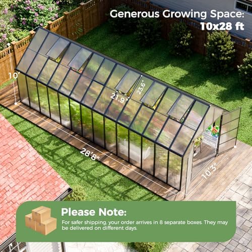 wacasa 28x10x10 ft polycarbonate greenhouse with aluminum frame shown in use