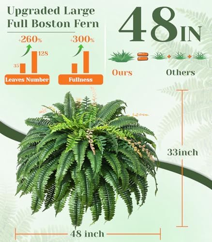 48 inch 128 leaves artificial ferns for outdoors, close-up detail