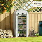 outsunny 4 tier mini greenhouse w/ screen roof shown in use